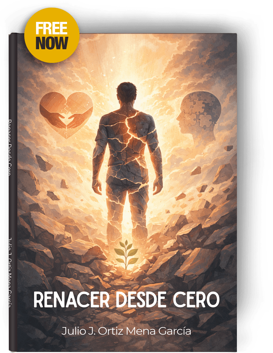 Portada del libro Renacer desde Cero de Julio J. Ortiz Mena García: una figura humana agrietada, de espaldas, entre rocas y luz dorada, con un corazón y una cabeza de rompecabezas a los lados y un brote verde a sus pies.
