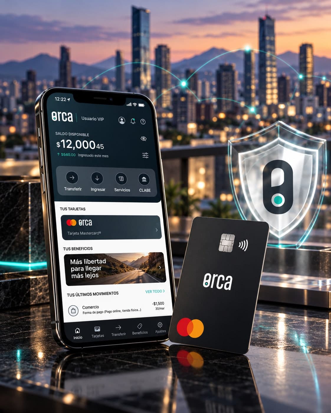 Aplicación móvil de Orca junto a una tarjeta Mastercard de Orca sobre una superficie de mármol